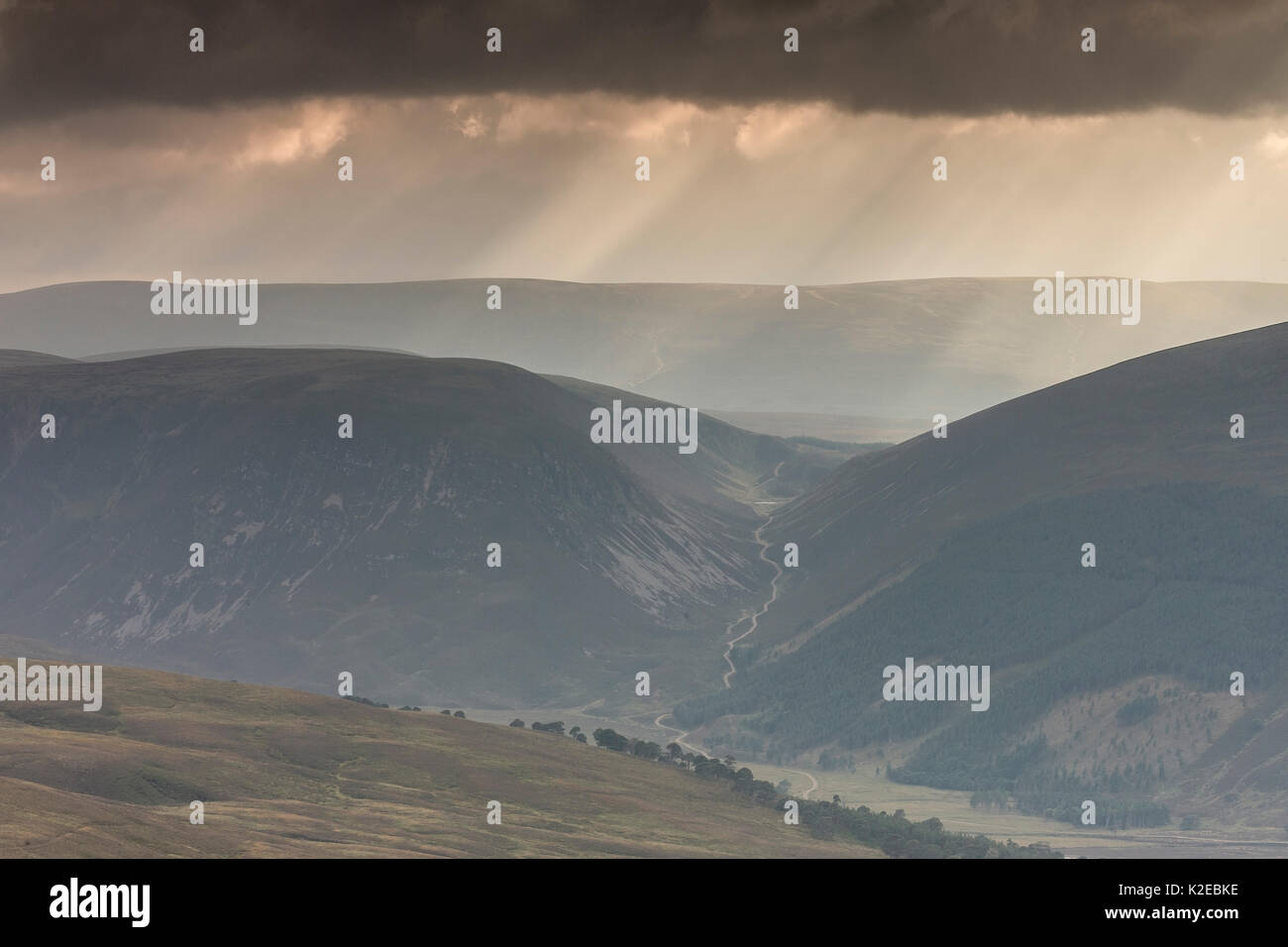 Shafts of light over Glenfeshie, Cairngorms National Park, Scotland, UK, September 2013. Stock Photo