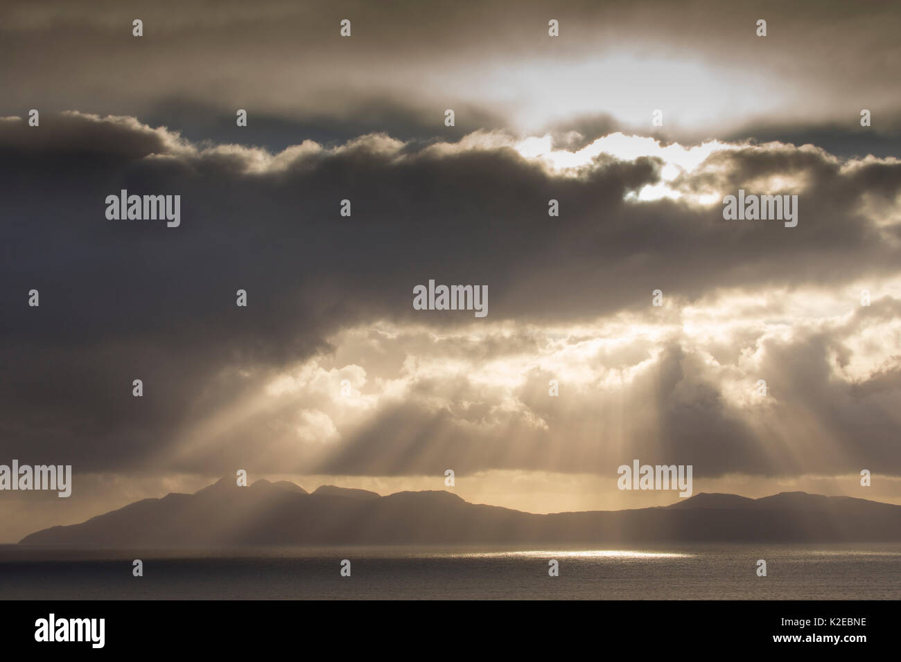 Stormy skies over Soay and Loch Scavaig from Isle of Skye, Inner Hebrides, Scotland, UK, October 2013. Stock Photo