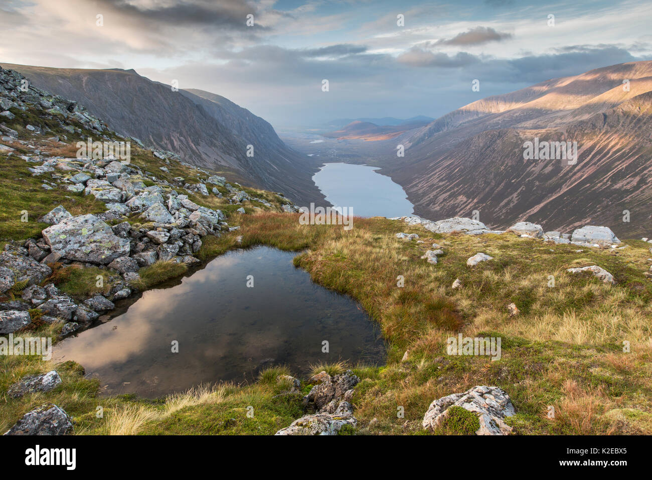 View over Glen Einich and Loch Einrich, Cairngorms National Park, Scotland, UK, September 2014. Stock Photo