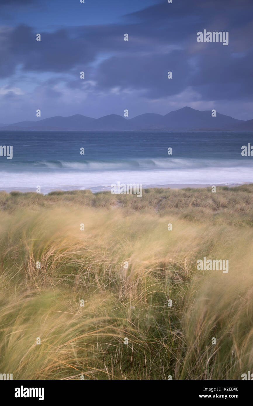 View across Sound of Taransay to North Harris hills, West Harris, Outer Hebrides, Scotland, UK, September 2014. Stock Photo