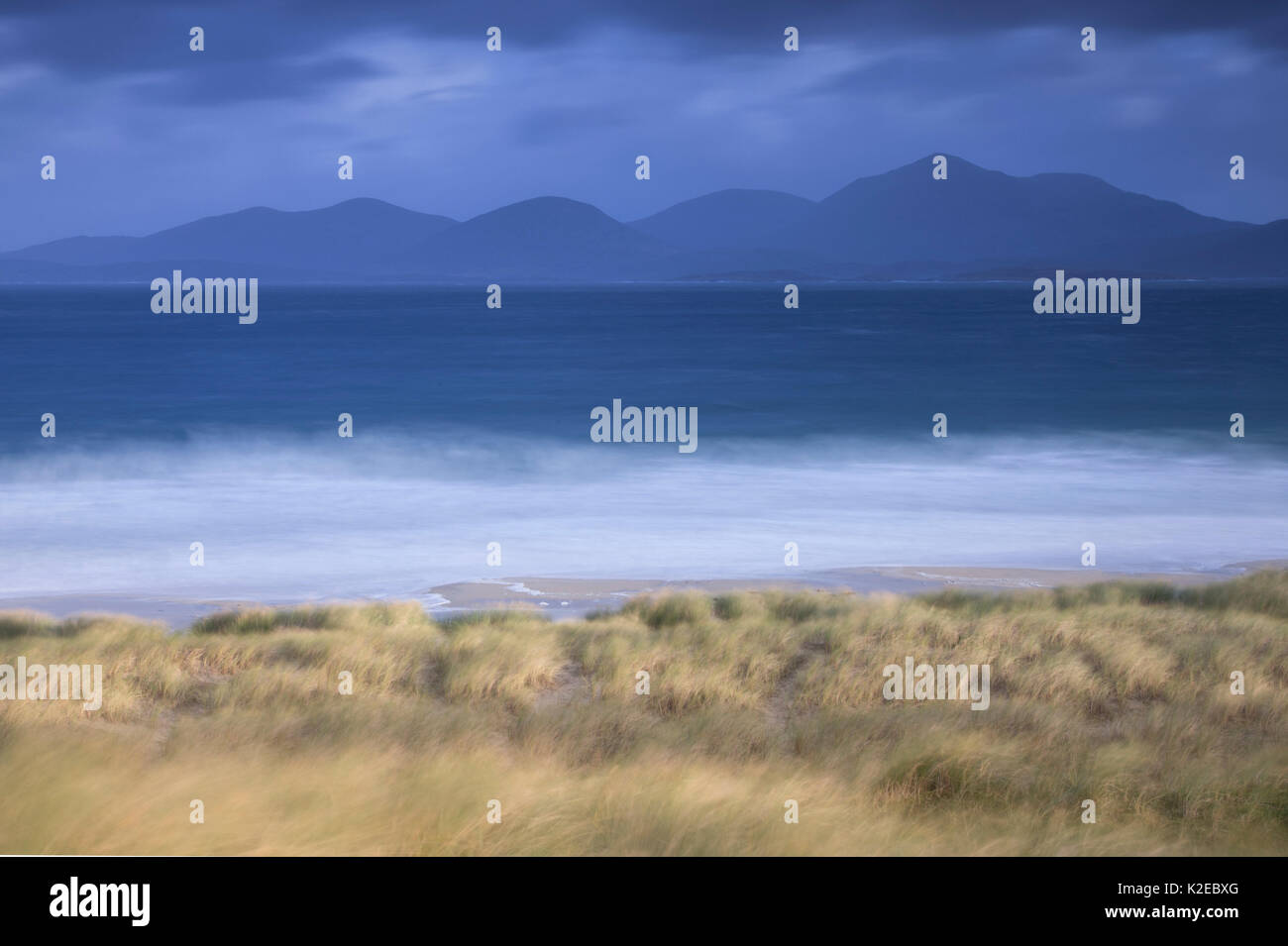 View across Sound of Taransay to North Harris hills in stormy weather , West Harris, Outer Hebrides, Scotland, UK, September 2014. Stock Photo