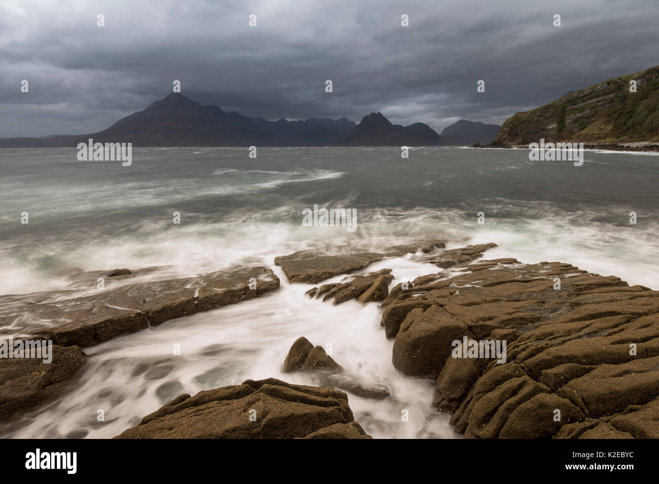 Stormy weather over Cuillin Mountains from Elgol, Isle of Skye, Inner Hebrides, Scotland, UK, October 2014. Stock Photo