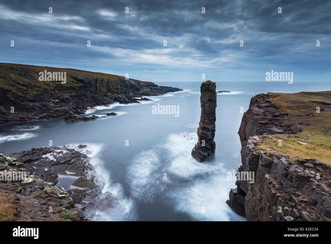 Yesnaby sea stack in stormy light, Orkney, Scotland, October 2014. Stock Photo