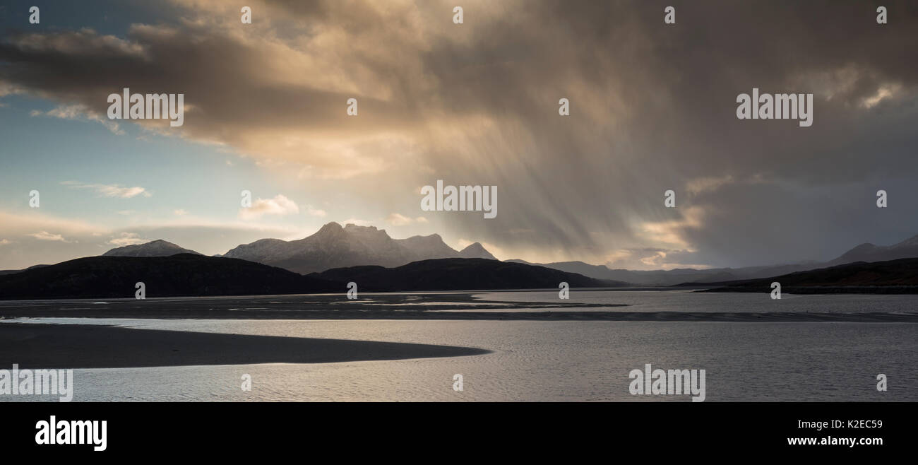 Ben Loyal from Kyle of Tongue in stormy light, Sutherland, Scotland, UK, December 2014. Stock Photo