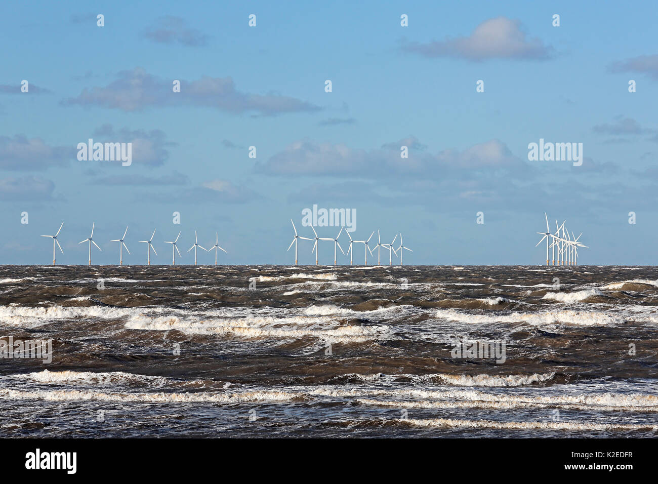 Burbo Bank windfarm  in Liverpool Bay viewed from New Brighton shore, Merseyside, UK, January. Stock Photo