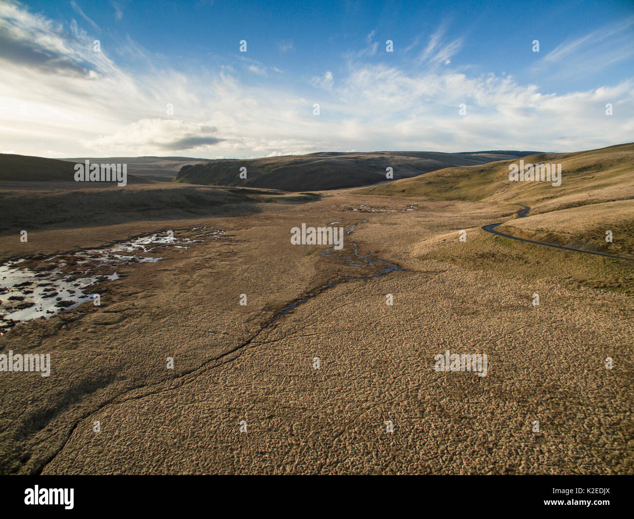 Upland blanket bog at a watershed between the River Elan system and the Ystwyth system flowing westwards, Rhayader, Wales, UK April Stock Photo