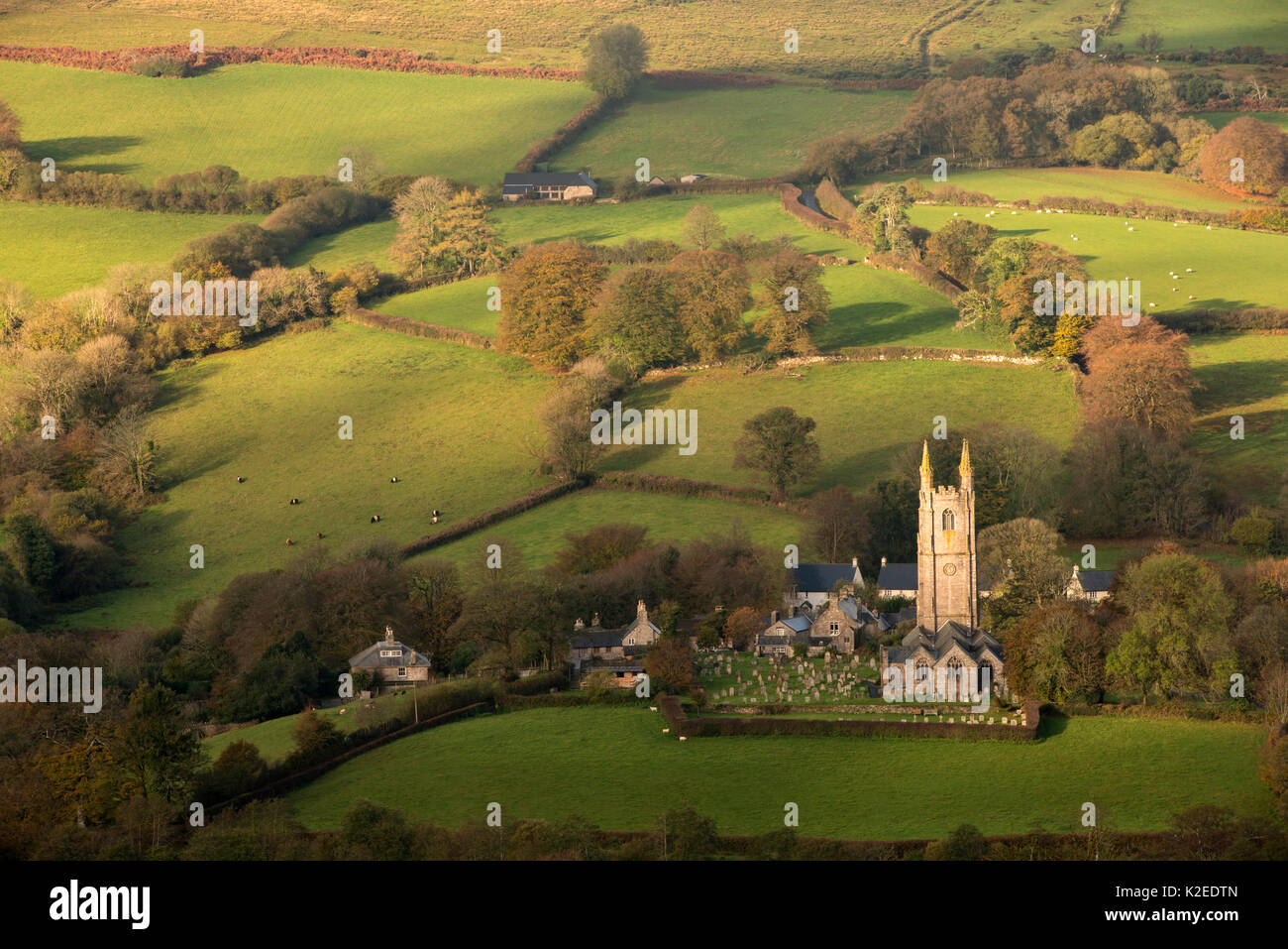 View of Widecombe-on-the-Moor in early morning light, Dartmoor National Park, Devon, England, UK, October 2014. Stock Photo