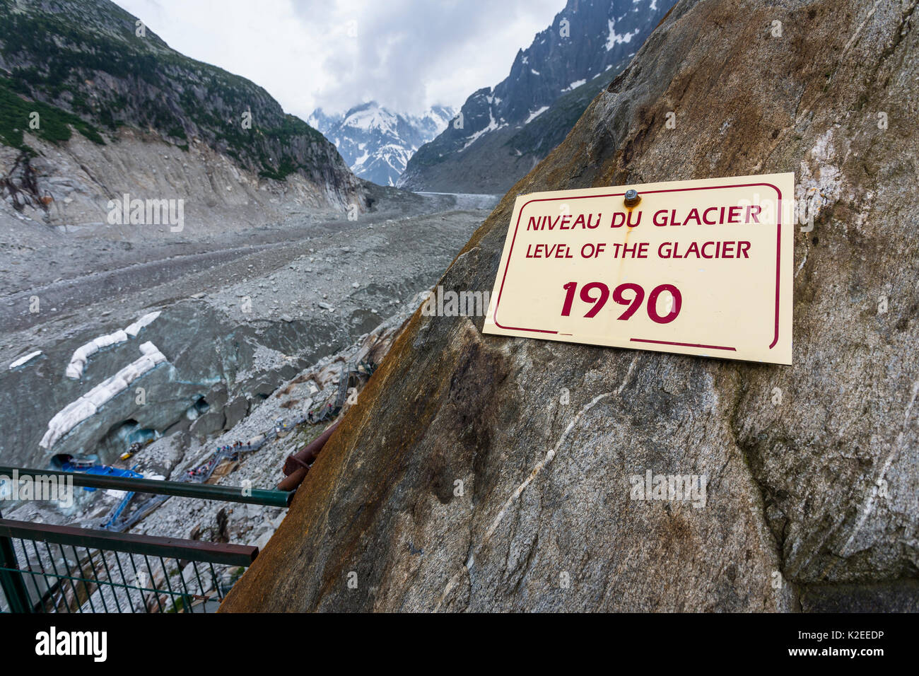 Sign showing where limit of 'Mer de Glace' (Sea of Ice) glacier used to be in 1990, Chamonix, Mont-Blanc, French Alps, Haute-Savoie, France Stock Photo