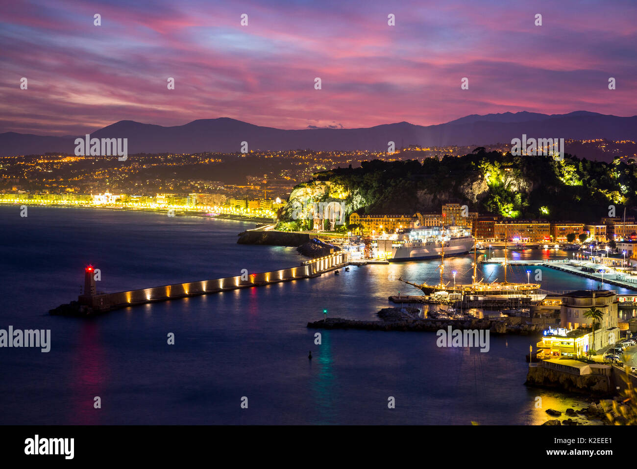Water front of Villefranche-sur-mer harbour by night, Nice, French Riviera. France. Stock Photo