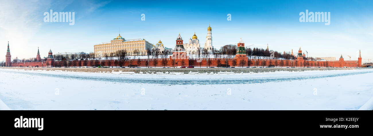 The Kremlin Palace along the Moscow river, frozen in winter,  Moscow, Russia, January 2016 Panoramic stitched of 27 images. Stock Photo