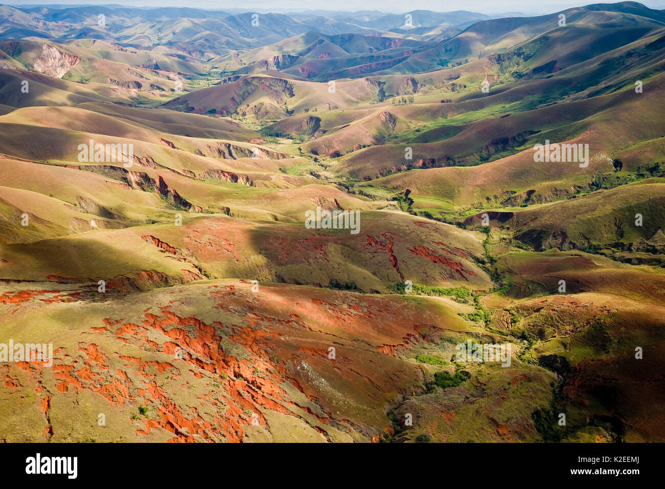 Aerial view of deforestated landscape, Madagascar. Stock Photo