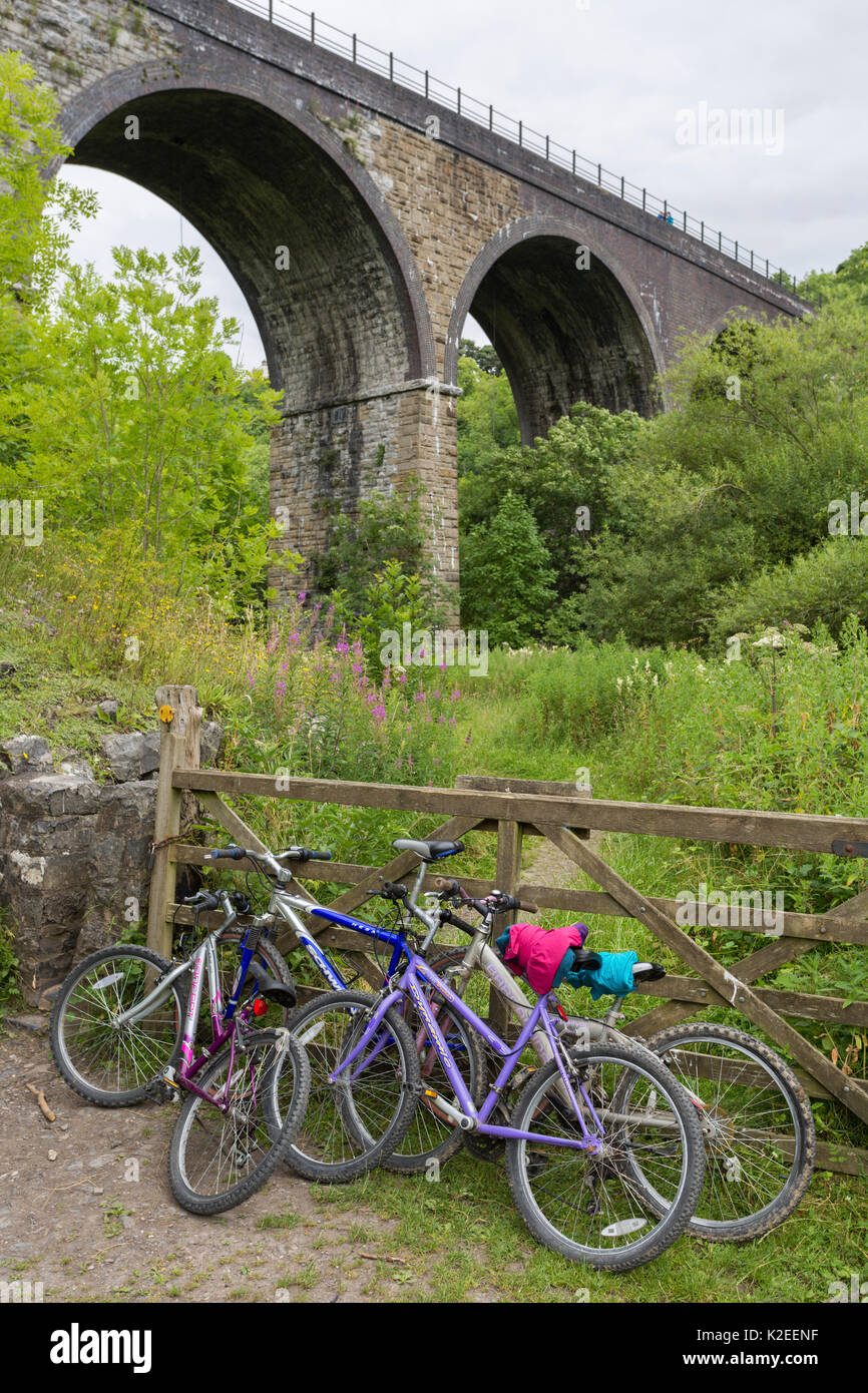 Bicycles parked near the Headstone Viaduct, part of the Monsal Trail cycle route, Peak District National Park, Derbyshire, UK July Stock Photo