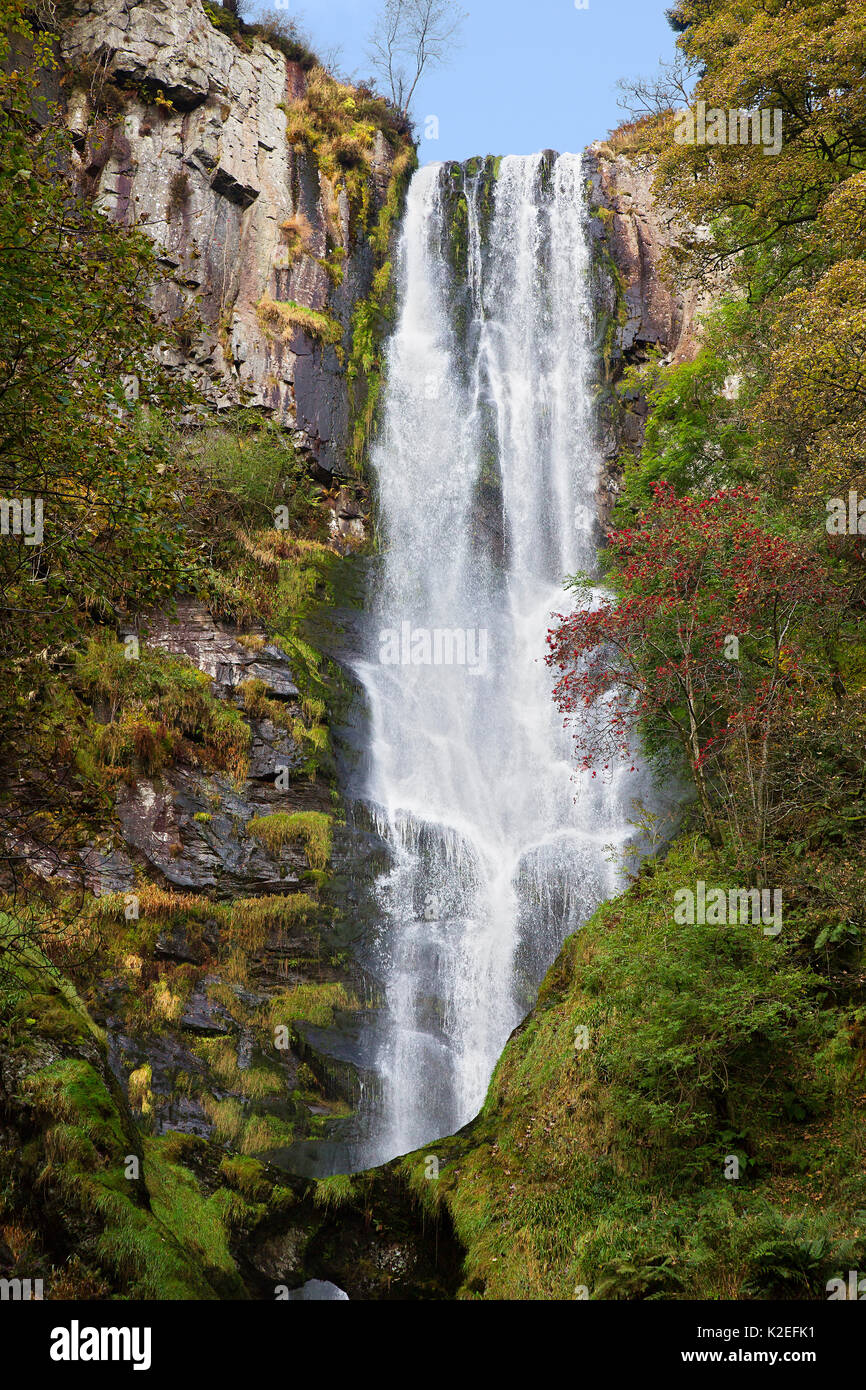 Pistyll Rhaeadr waterfall showing top section - near Llanrhaeadr-ym-Mochnant, Powys, North Wales, UK, October 2016. Stock Photo
