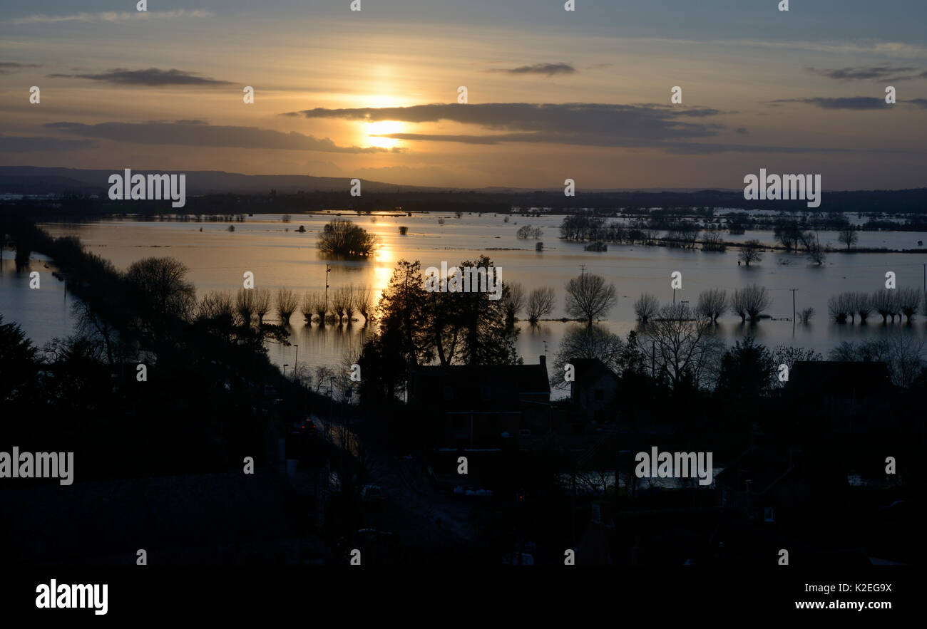Overview of flooding across Lower Salt Moor and North Moor at sunset, seen from from Barrow Mump, Burrowbridge, Somerset Levels, England, UK, February 2014. Stock Photo