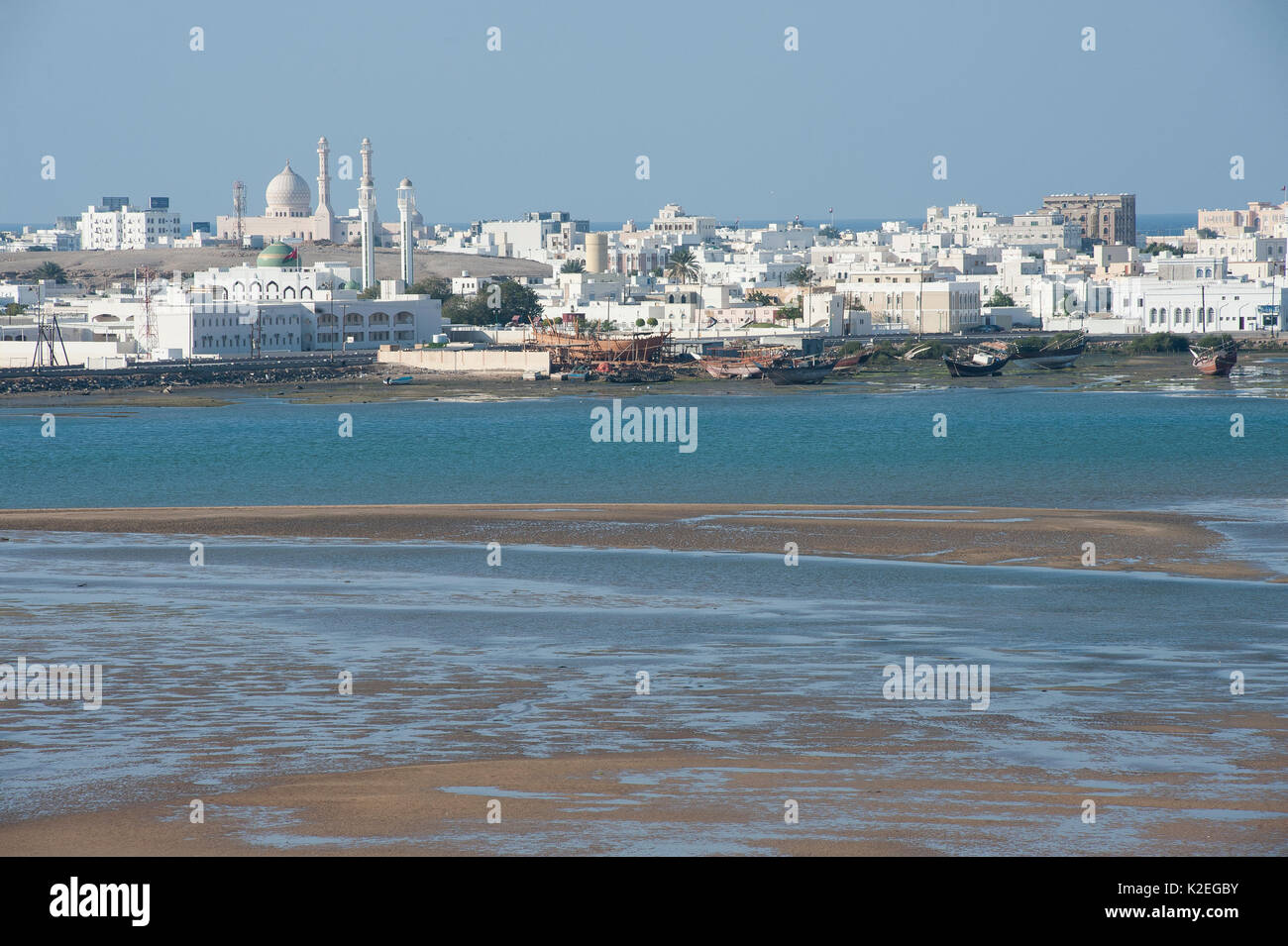 Sur, a city at the coast of Oman, with tidal mudflats, sand banks and traditional boats, Sultanate of Oman, February. Stock Photo