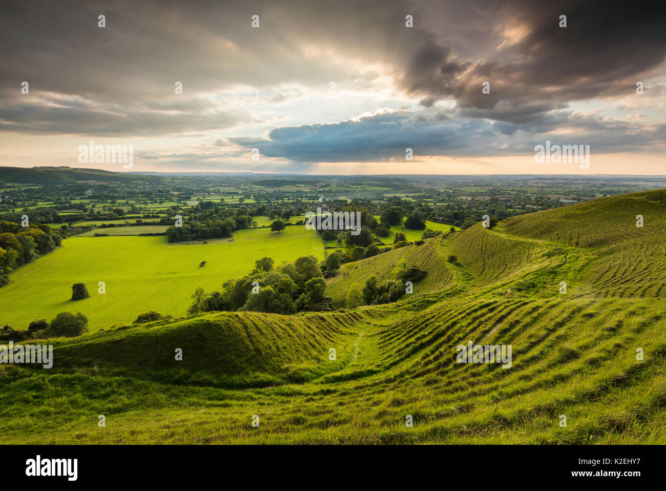 Prehistoric hill fort of Hambledon Hill above the Blackmore Vale, Dorset, England, UK, September 2015. Stock Photo