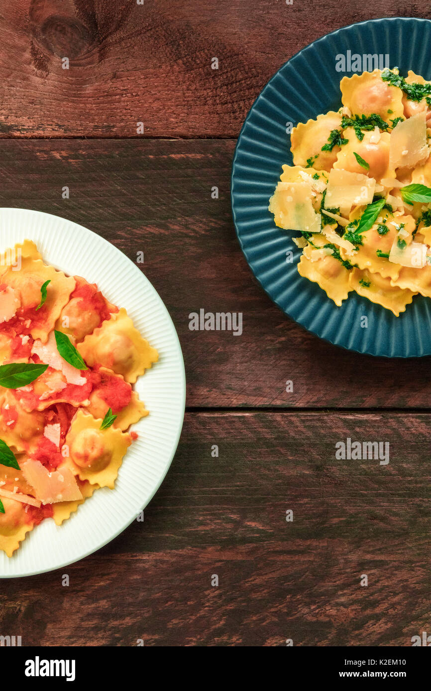Overhead photo of two plates of ravioli with copy space Stock Photo - Alamy
