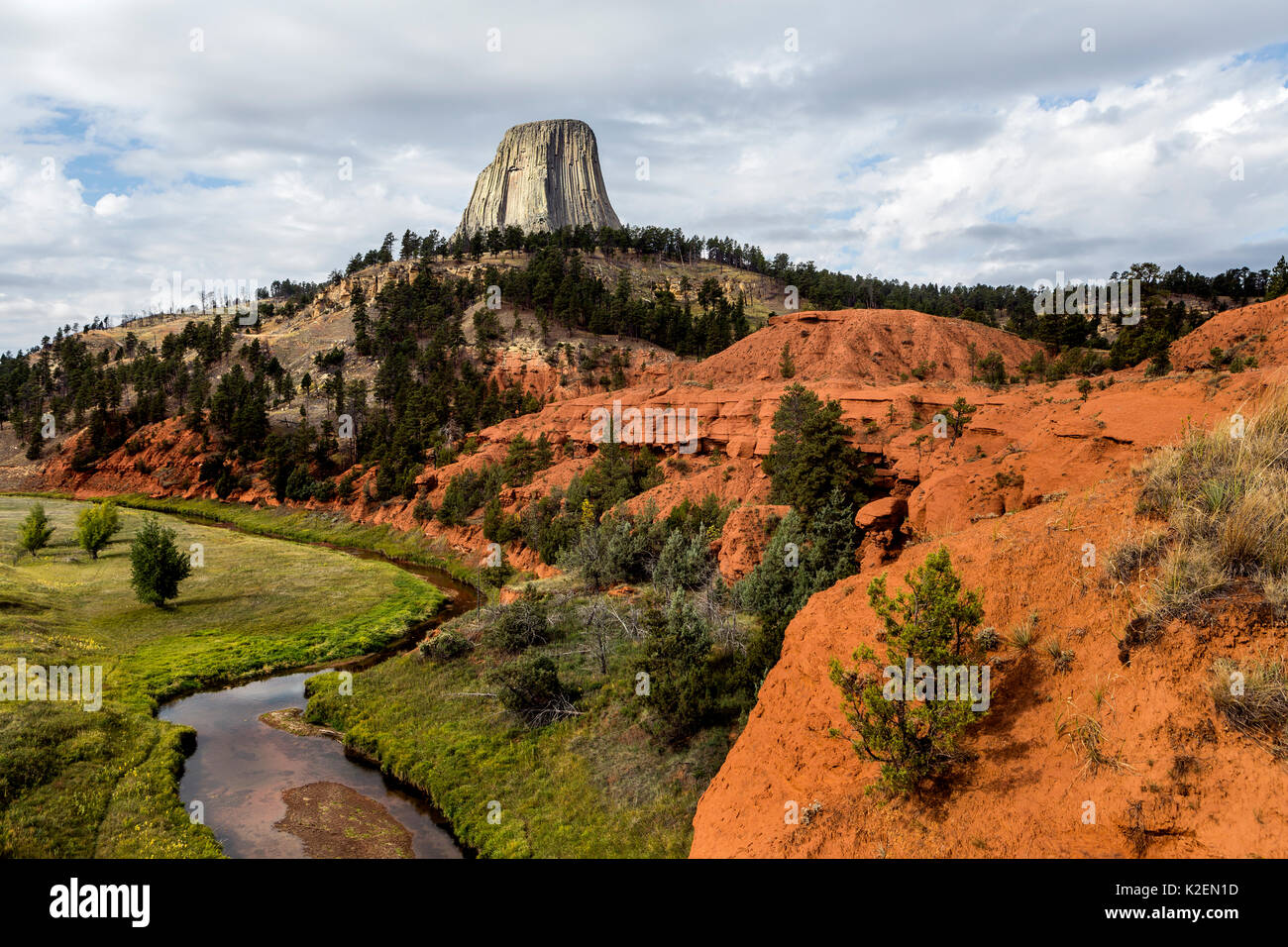 Devils Tower with the Red Beds and Belle Fourche River in Devils Tower National Monument, Wyoming, USA, September 2016. Stock Photo