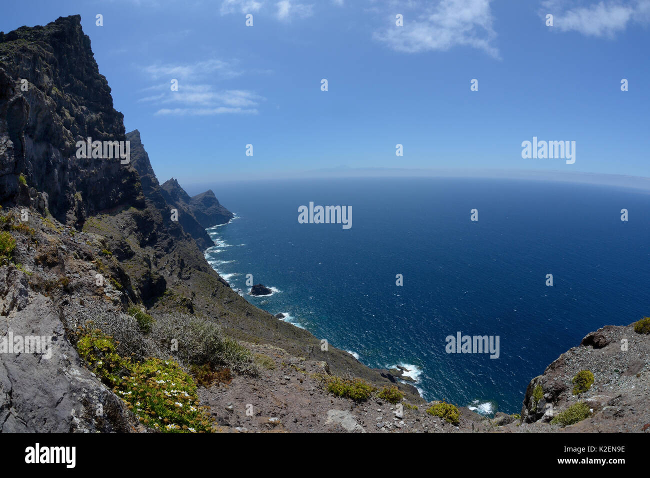 Steep volcanic mountains of the Tamadaba Natural Park, view south from the Mirador el Paso Marinero.   Gran Canaria UNESCO Biosphere Reserve, Gran Canaria. Canary Islands, June 2016. Stock Photo