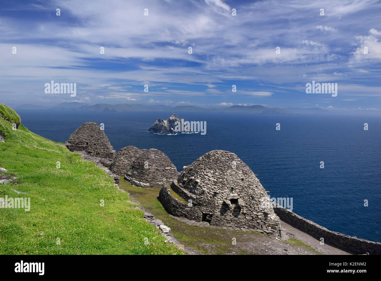 Skellig Michael Monastery Beehive Cells, Skellig Michael, County Kerry, Republic of Ireland. June 2014. Stock Photo