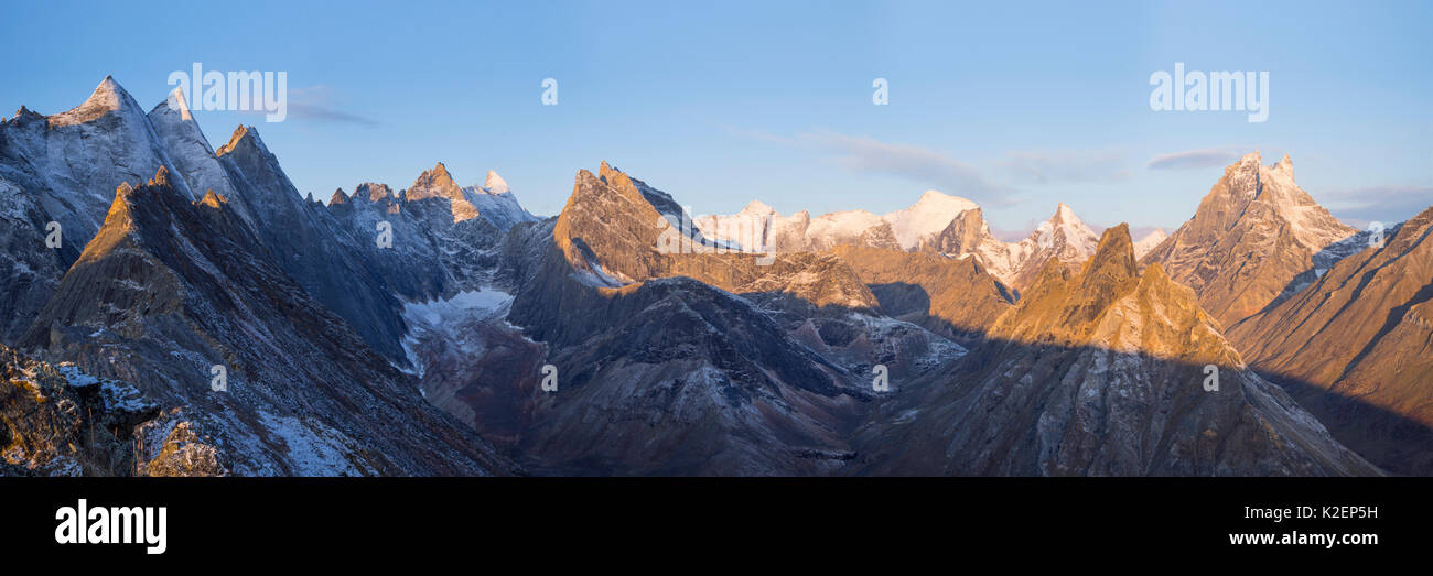 Arrigetch Peaks at sunrise, seen from a high ridge, Brooks Range, Gates of the Arctic National Park, Alaska, USA, August 2014 Stock Photo