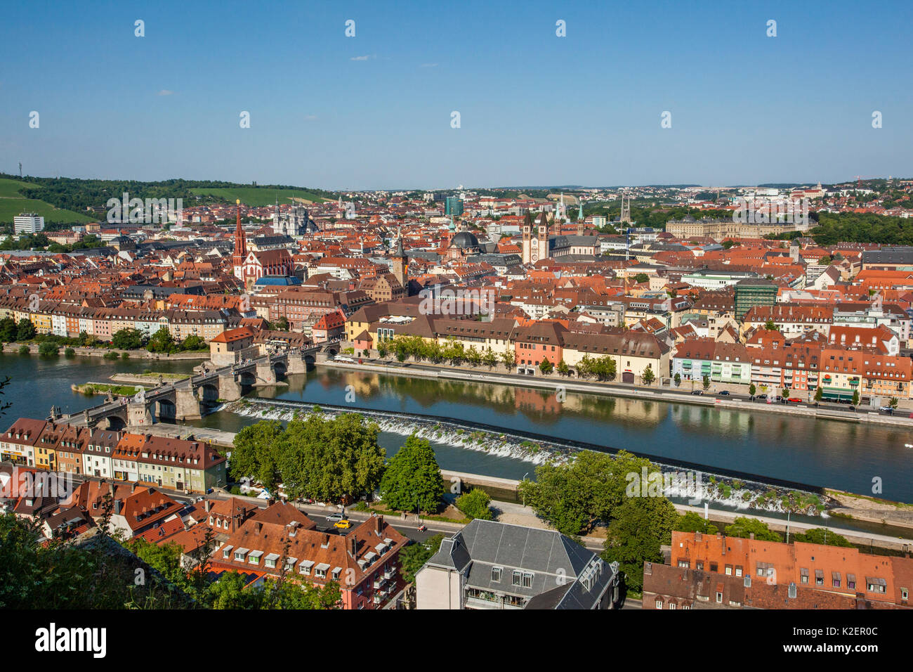 Germany, Bavaria, Lower Franconia region, view of Würzburg from Fortress Marienberg with Main River, Mainkai and the waterway lockage at the old Main  Stock Photo