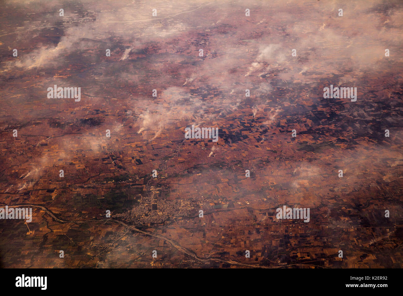 View from plane of smoke pollution, India, December. Stock Photo
