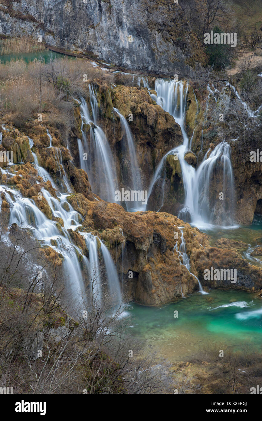 Series of waterfalls knowm as &#39;Sastavci&#39; that cascade between mountain lakes, Plitvice Lakes National Park, Croatia. January 2015. Stock Photo
