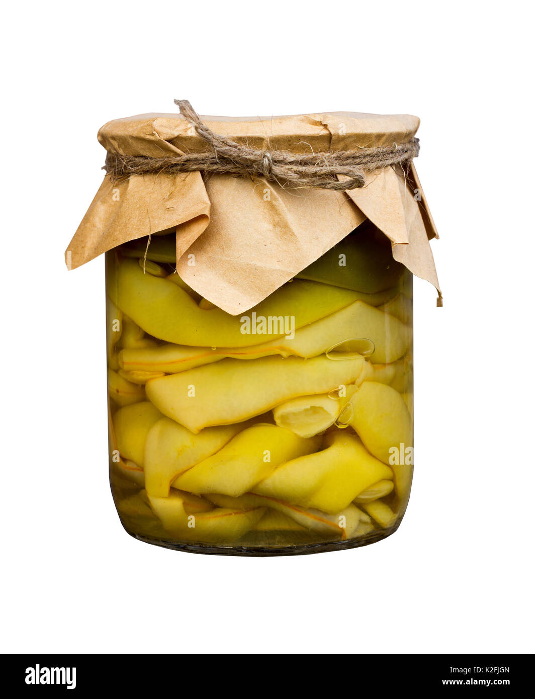 marinated green beans in a glass jar isolated on white background. home canning. home canning