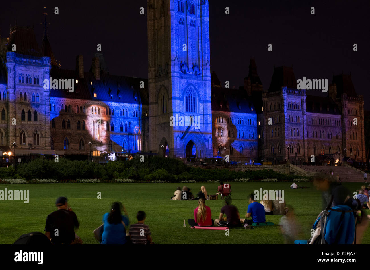 Northern Lights, multimedia show about Canada's history, projected on the Parliament buildings in Ottawa, Canada, at night. Stock Photo