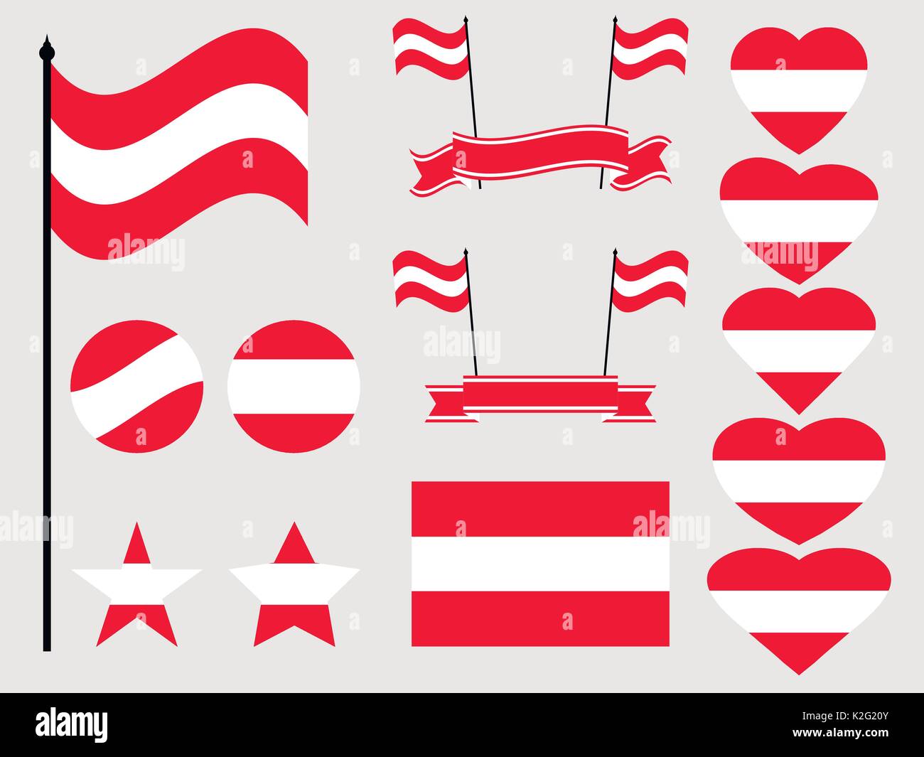 Austria flag set. Collection of symbols, flag in heart. Button and star. Vector illustration Stock Vector