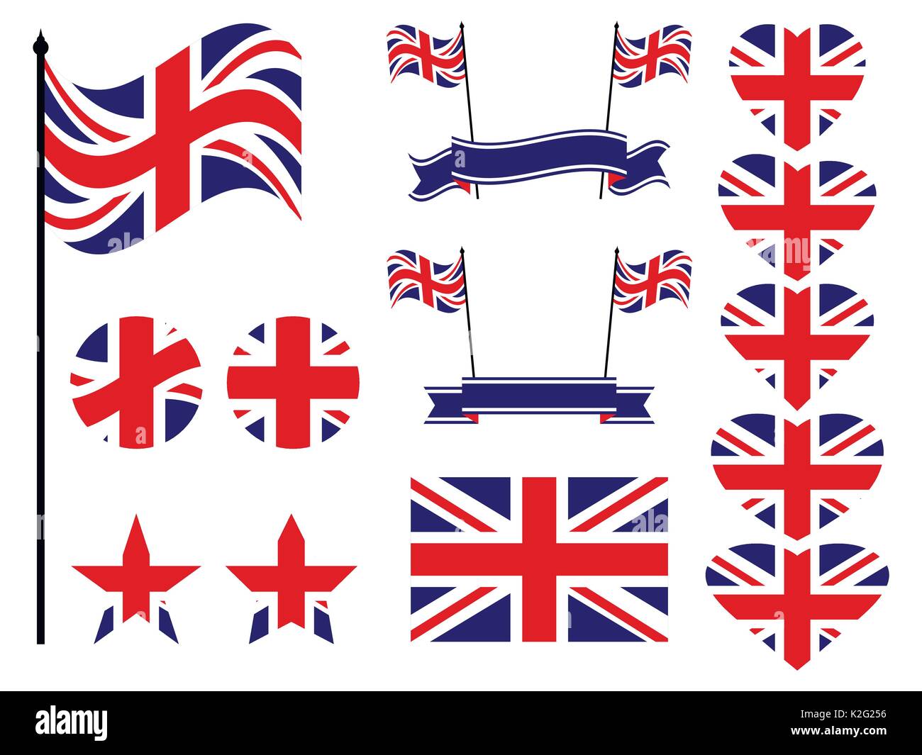 Great Britain flag set. Collection of symbols, flag in heart. Vector