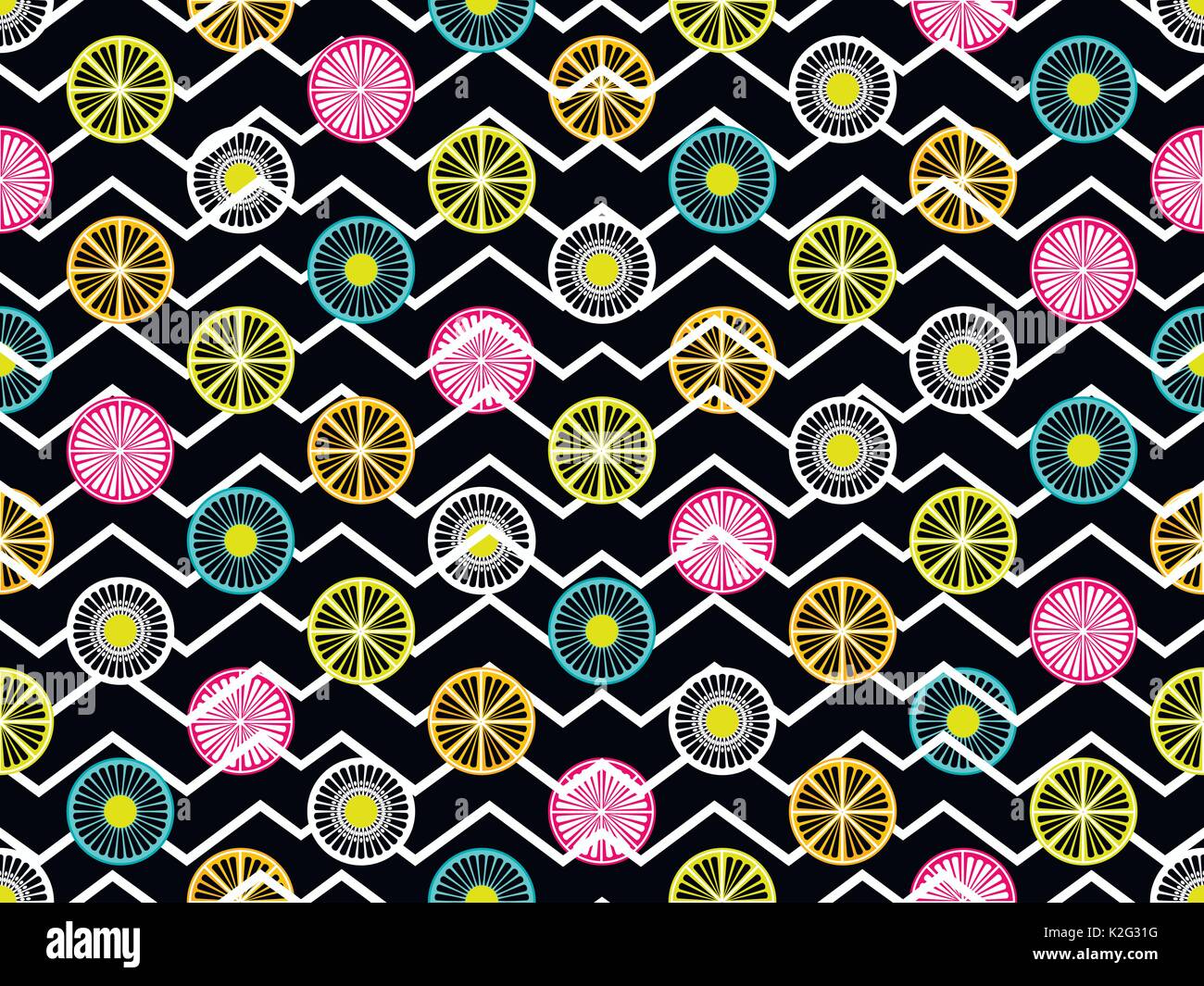 Seamless pattern with oranges, kiwi and lemon. Fruit on a background with zigzag lines. Vector illustration Stock Vector