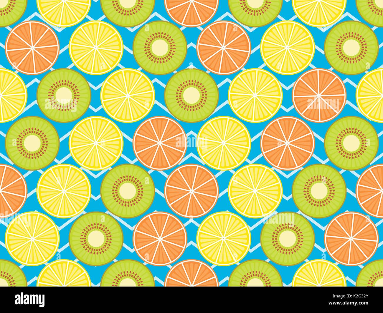 Seamless pattern with oranges, kiwi and lemon. Fruit on a background with zigzag lines. Vector illustration Stock Vector