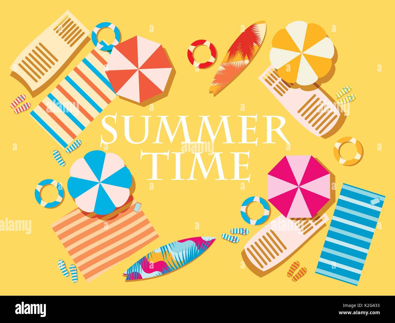 Summer time. Beach elements, umbrellas, shelves, coverlets, flip flops, surfboards, Vector illustration Stock Vector