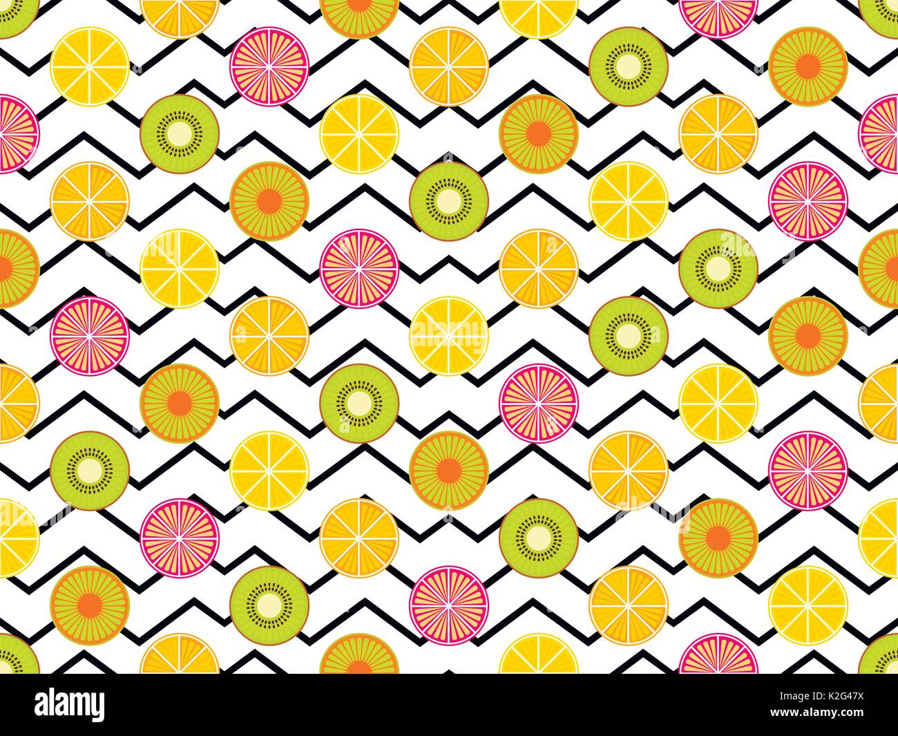 Seamless pattern with oranges, kiwi and lemon. Fruit on a background with zigzag lines. Vector illustration Stock Vector