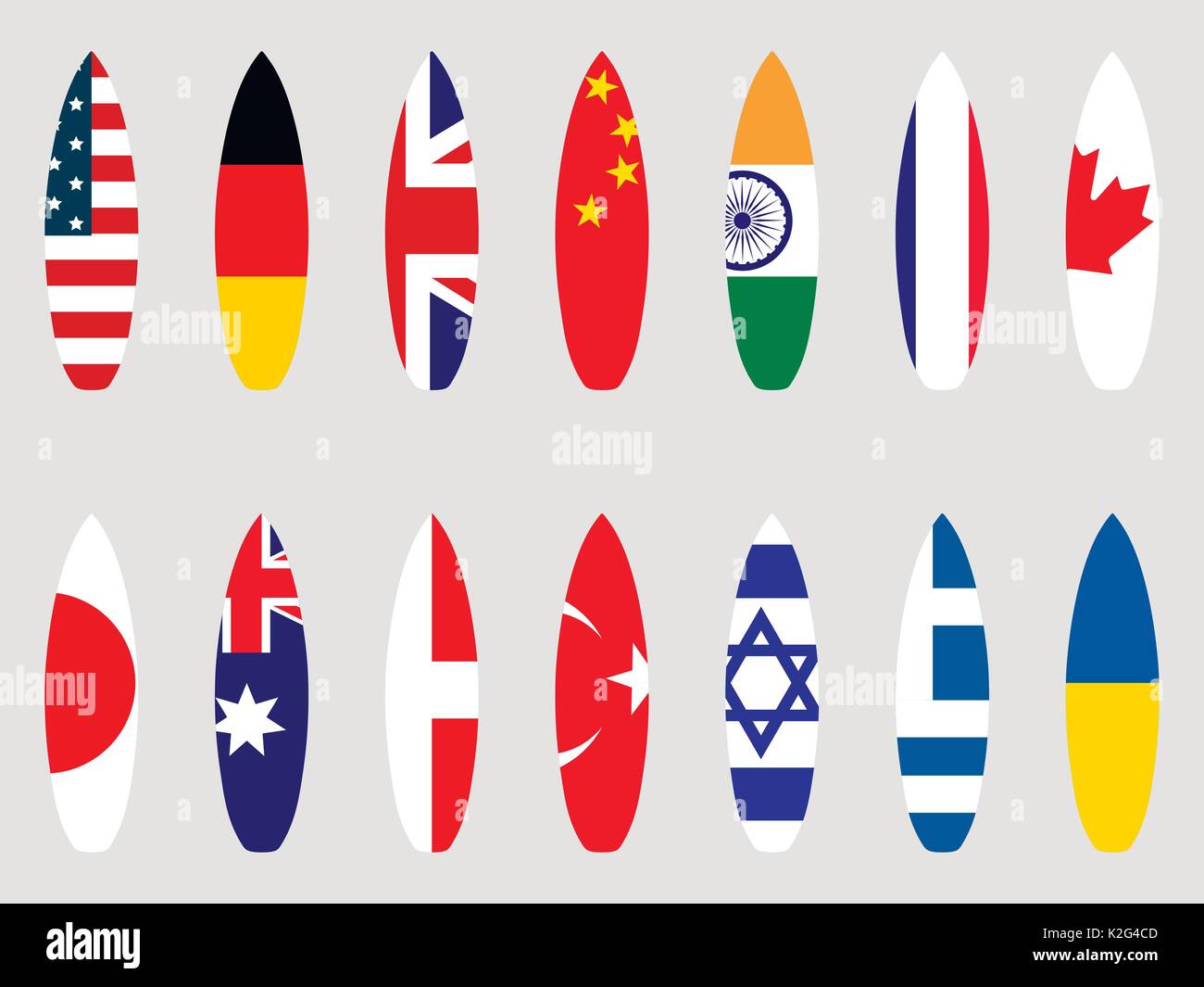 Surfboards with flags of the world. Set. Vector illustration Stock Vector