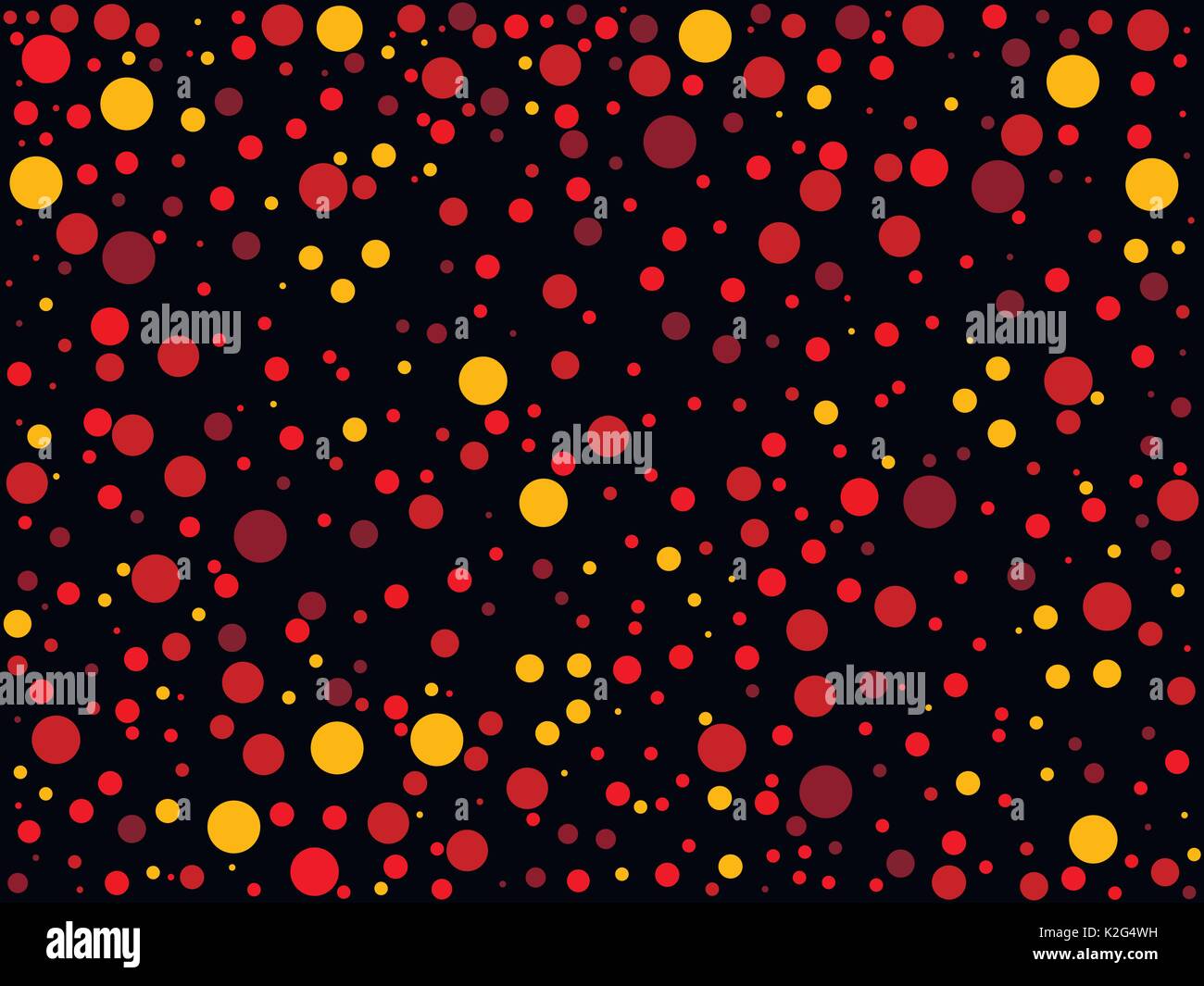 Seamless pattern with chaotic dots. Red and yellow circles on a black background. Vector illustration Stock Vector