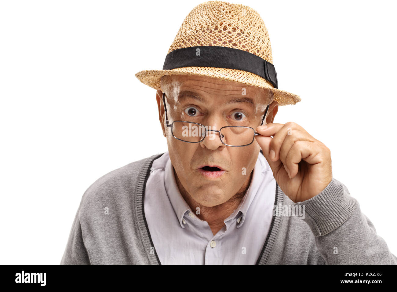 Surprised mature man looking at the camera isolated on white background Stock Photo