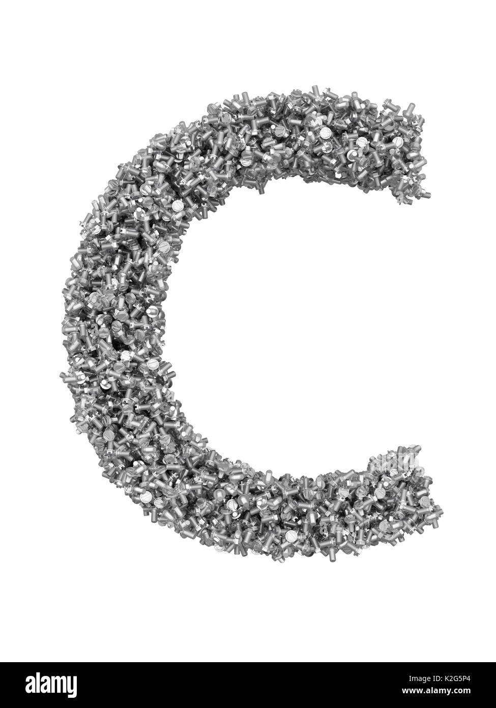 3D render of silver or grey alphabet make from bolts. Big letter C with clipping path. Isolated on white background Stock Photo