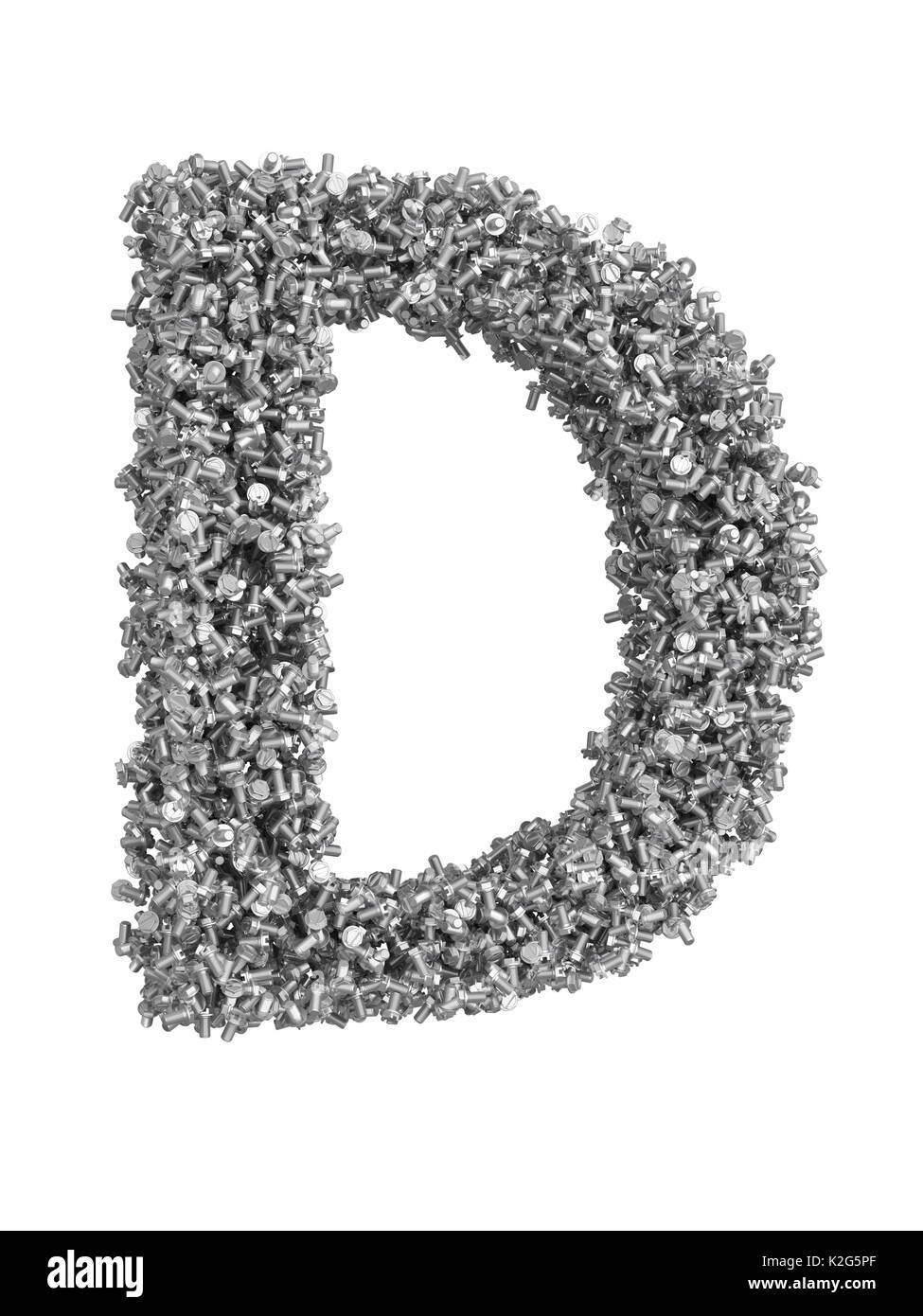 3D render of silver or grey alphabet make from bolts. Big letter E with clipping path. Isolated on white background Stock Photo