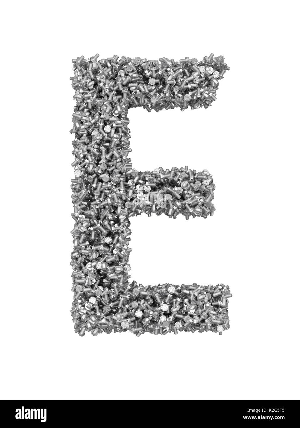 3D render of silver or grey alphabet make from bolts. Big letter E with clipping path. Isolated on white background Stock Photo