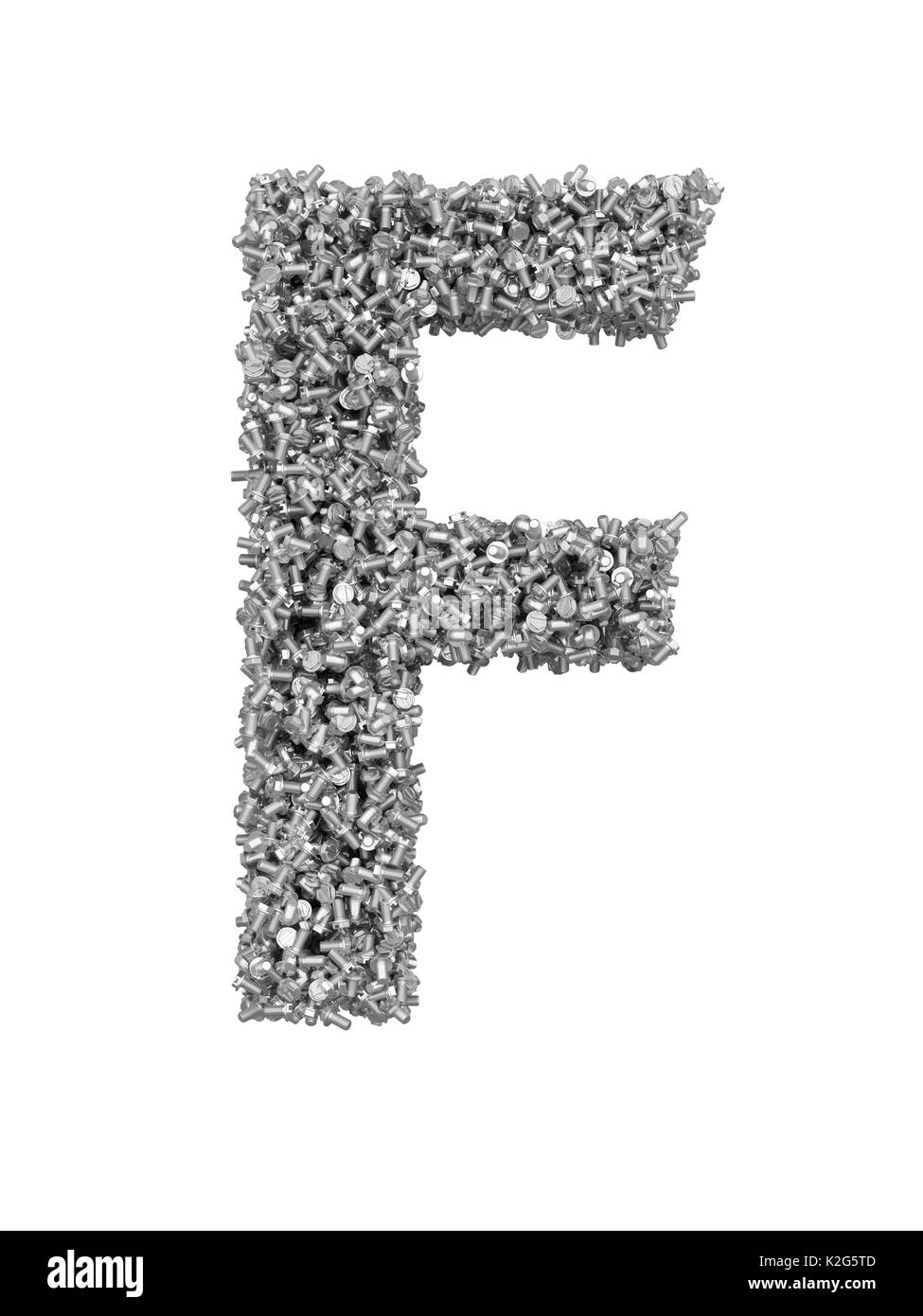3D render of silver or grey alphabet make from bolts. Big letter F with clipping path. Isolated on white background Stock Photo