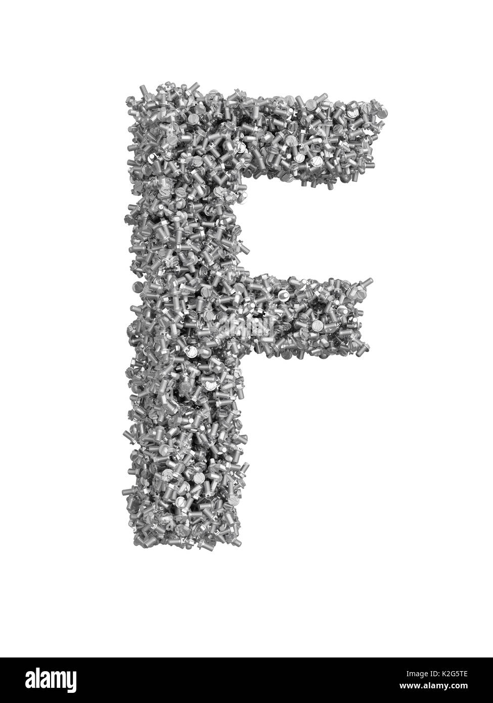 3D render of silver or grey alphabet make from bolts. Big letter F with clipping path. Isolated on white background Stock Photo