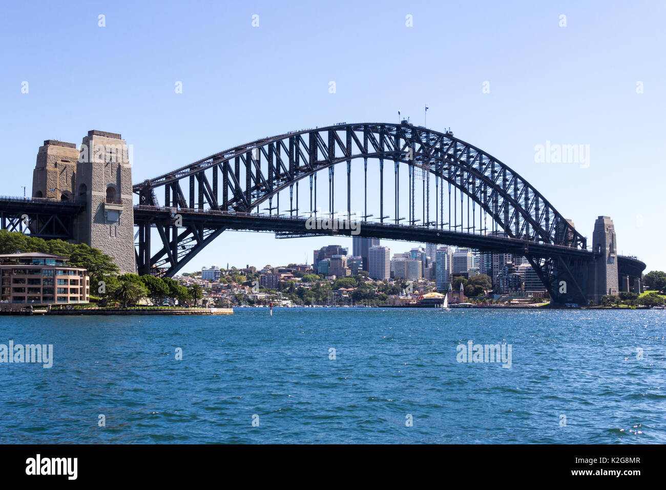 Sydney harbour bridge on a sunny day with North SYdney in the background Stock Photo