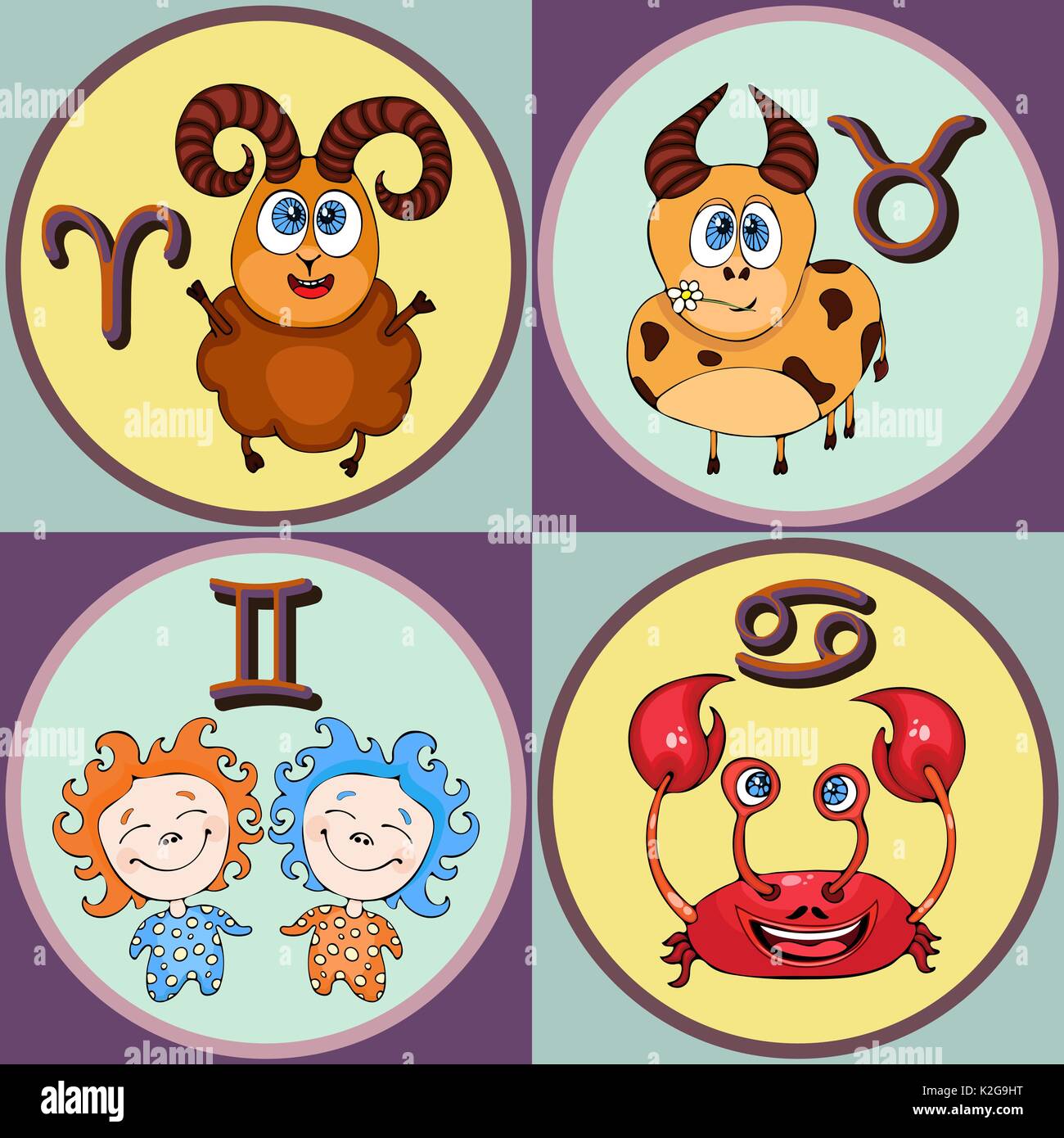 Set zodiac sign cartoon, Aries, Taurus, Gemini, Cancer. Painted funny astrological characters and symbols in a round frame multicolored on colorful ba Stock Vector