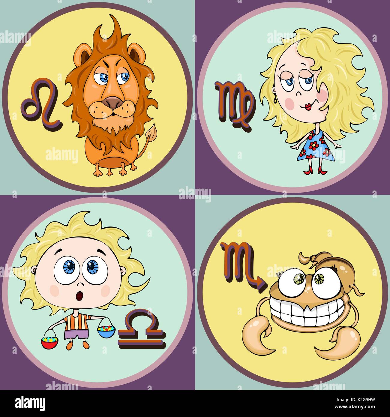 Set zodiac sign cartoon, Leo, Virgo, Libra, Scorpio. Painted funny astrological characters and symbols in a round frame multicolored on colorful backg Stock Vector