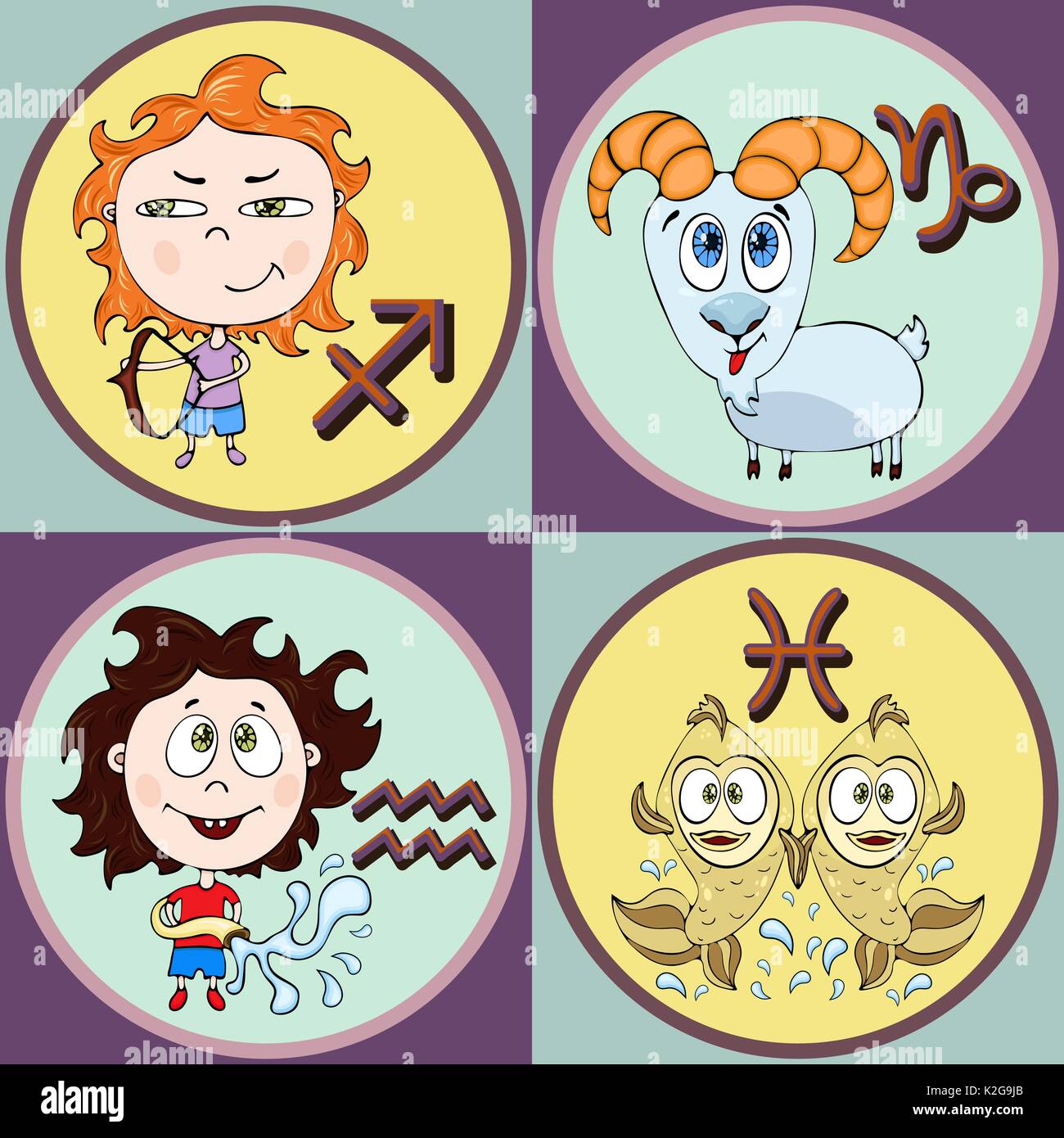 Set zodiac sign cartoon, Sagittarius, Capricorn, Aquarius, Pisces. Painted funny astrological characters and symbols in a round frame multicolored on  Stock Vector