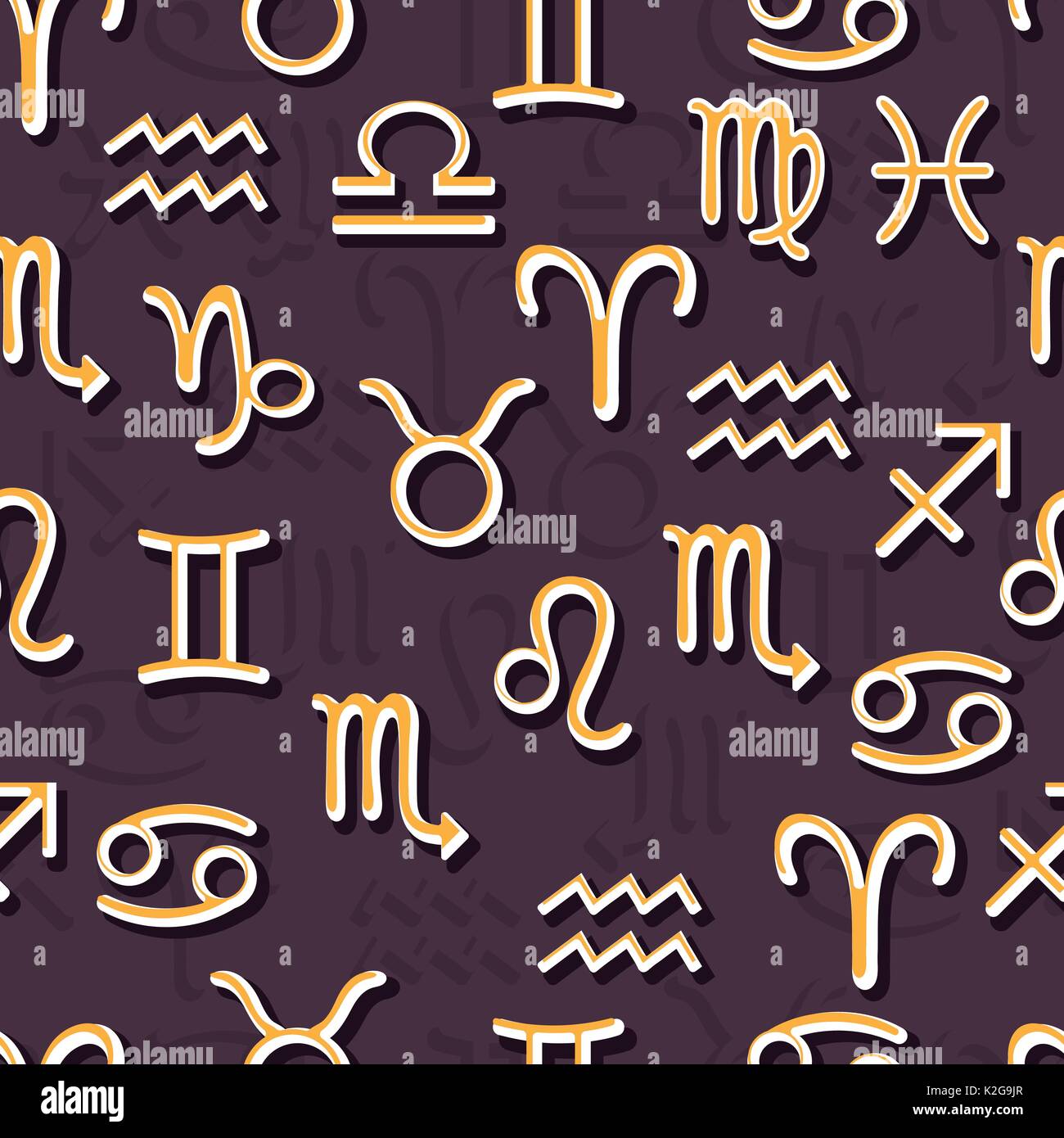 Cartoon zodiac sign seamless pattern, colored astrological symbols on a dark purple background. For wallpaper design, fabric, wrappers, decorating. Ve Stock Vector
