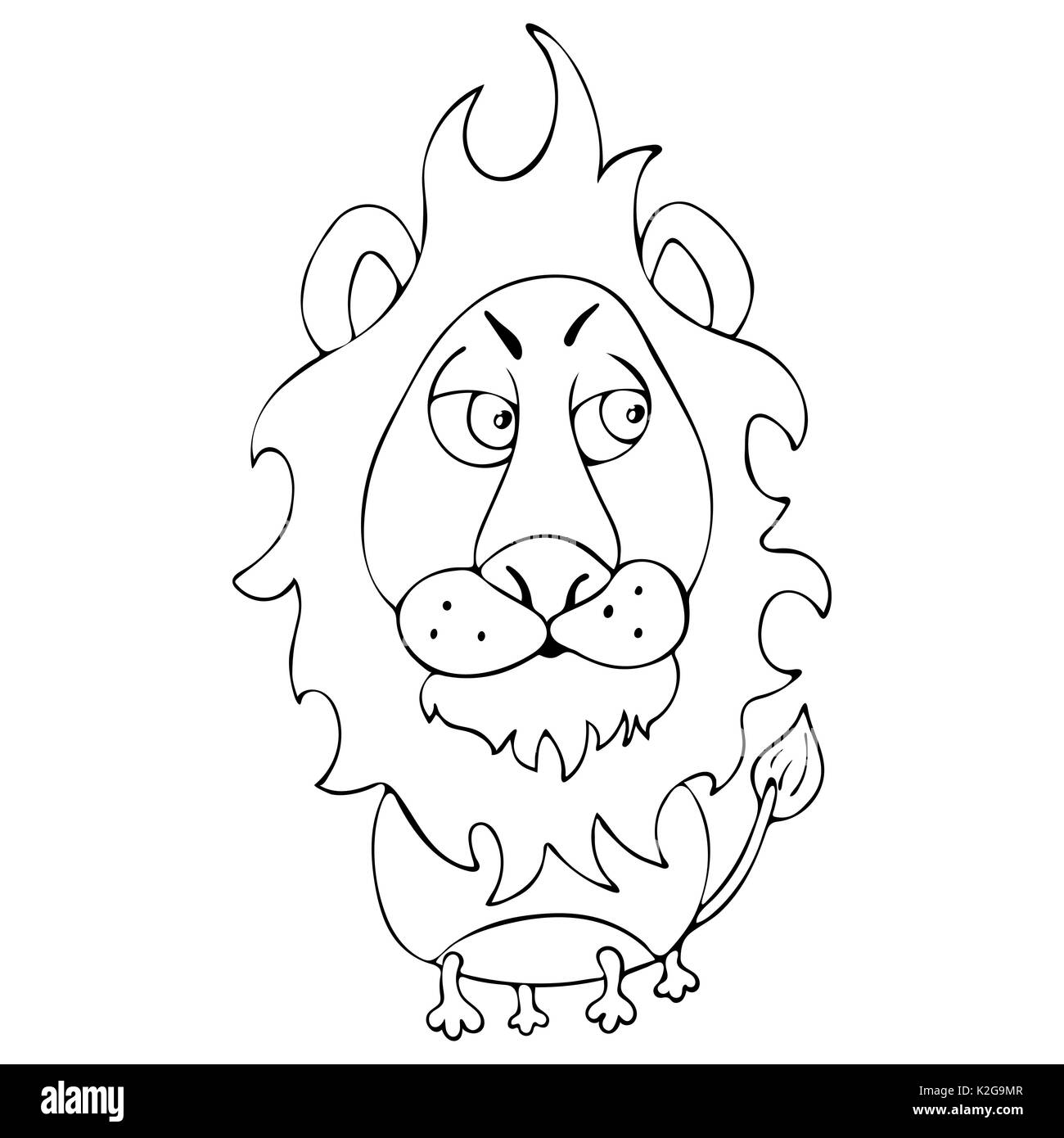 Cartoon funny lion for coloring book isolated on white background, vector black and white hand drawing, monochrome illustration Stock Vector